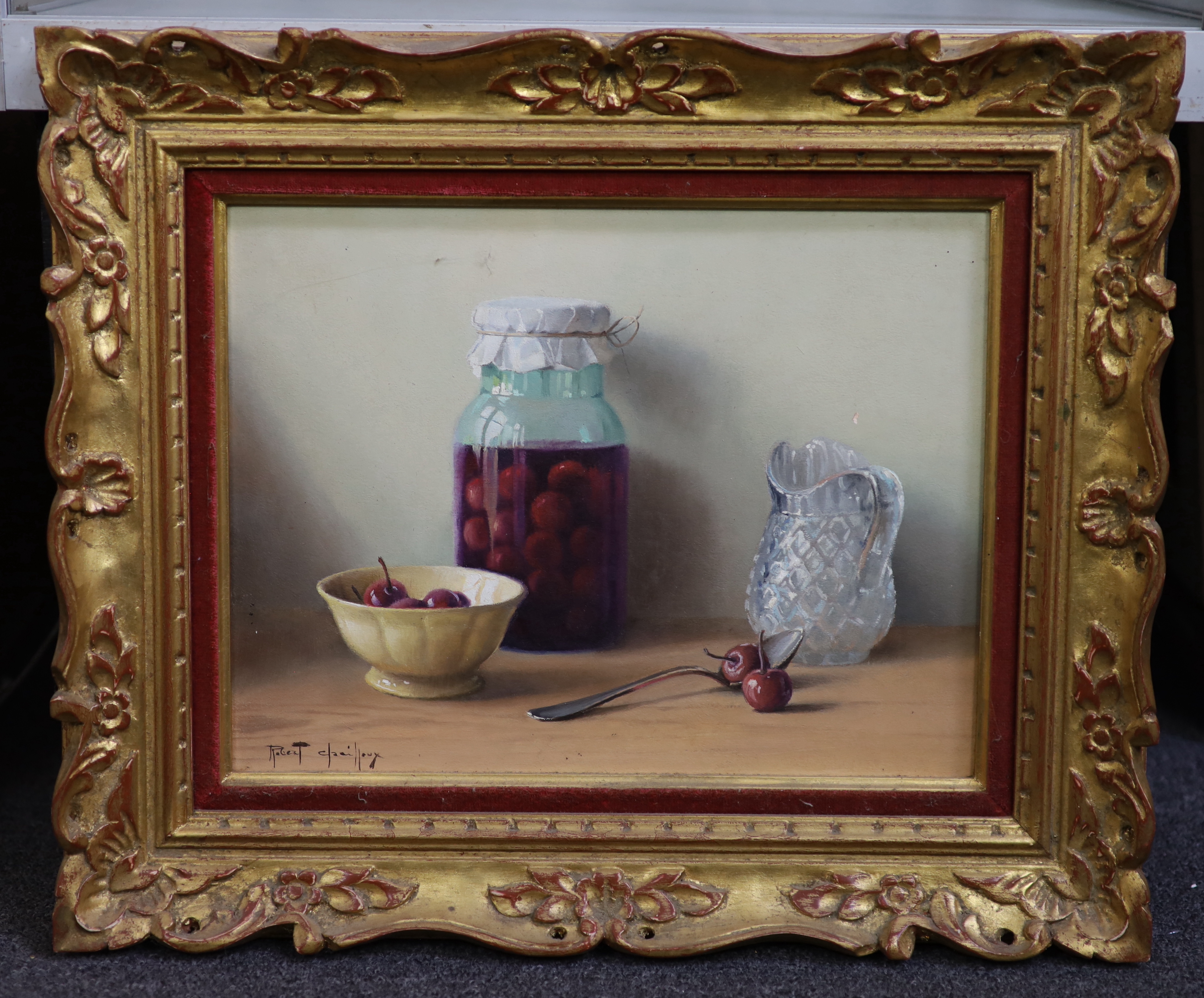 Robert Chailloux (French, 1913-2006), Still life of cherries in a jar and bowl beside a glass jug, oil on board, 26 x 34cm